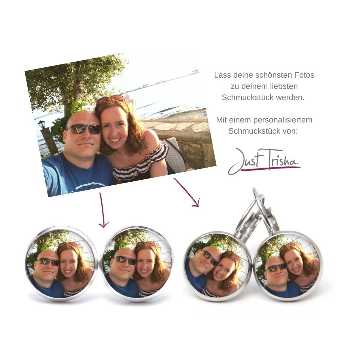 Schlüsselanhänger personalisiert mit eigenem Bild Foto – Geschenkidee Personalisierte handmade Ohrringe mit deinem Foto aus Edelstahl von Just Trisha
