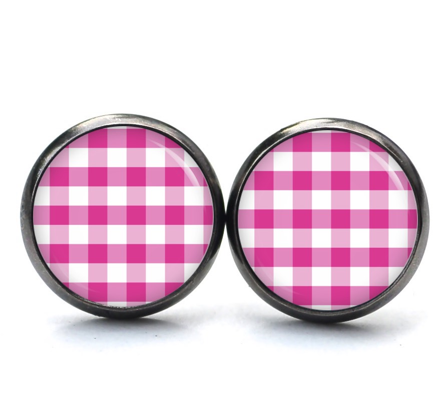 Ohrstecker, Ohrhänger, Clipse & Druckknopf – Motiv kariert pink weiß – Schmuck aus Edelstahl Ohrstecker, Ohrhänger, Clipse & Druckknopf – Motiv kariert pink weiß – Schmuck aus Edelstahl