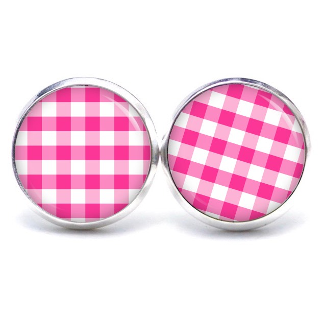 Ohrstecker, Ohrhänger, Clipse & Druckknopf – Motiv kariert pink weiß – Schmuck aus Edelstahl Ohrstecker, Ohrhänger, Clipse & Druckknopf – Motiv kariert pink weiß – Schmuck aus Edelstahl