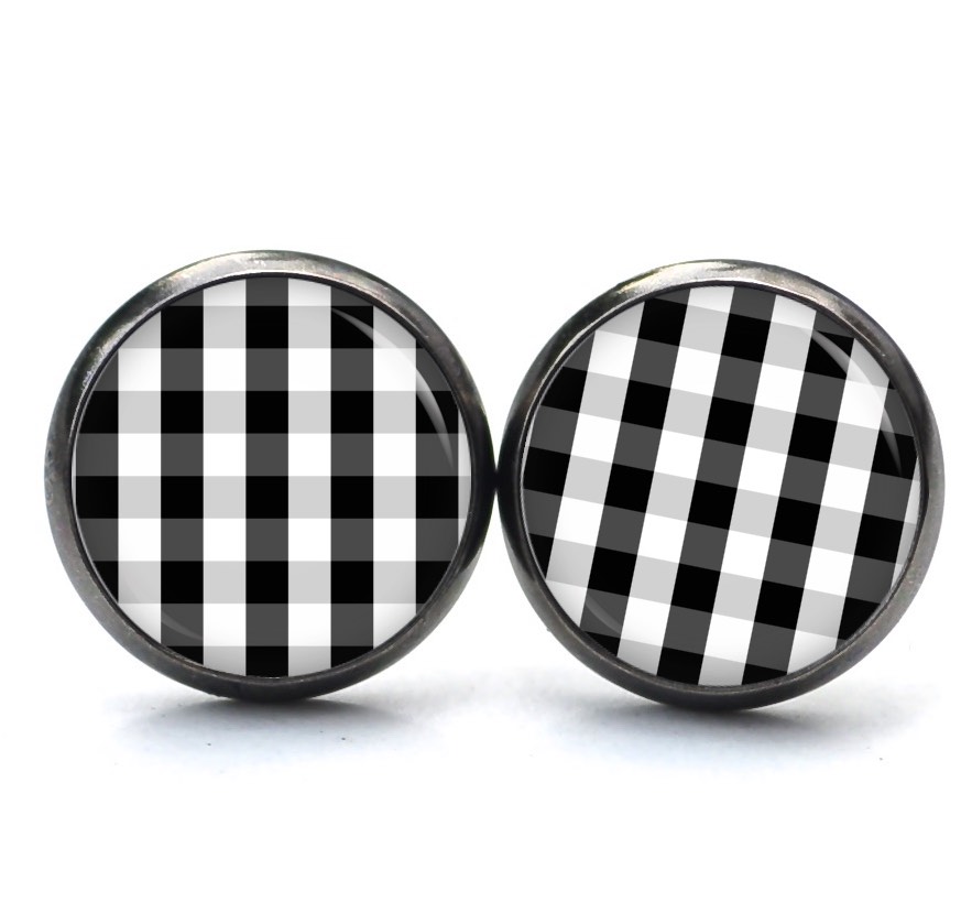 Ohrstecker, Ohrhänger, Clipse & Druckknopf – Motiv kariert schwarz weiß – Schmuck aus Edelstahl Ohrstecker, Ohrhänger, Clipse & Druckknopf – Motiv kariert schwarz weiß – Schmuck aus Edelstahl
