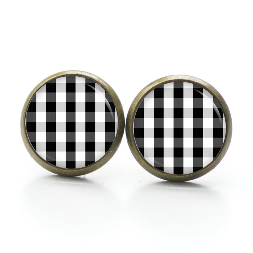 Ohrstecker, Ohrhänger, Clipse & Druckknopf – Motiv kariert schwarz weiß – Schmuck aus Edelstahl Ohrstecker, Ohrhänger, Clipse & Druckknopf – Motiv kariert schwarz weiß – Schmuck aus Edelstahl