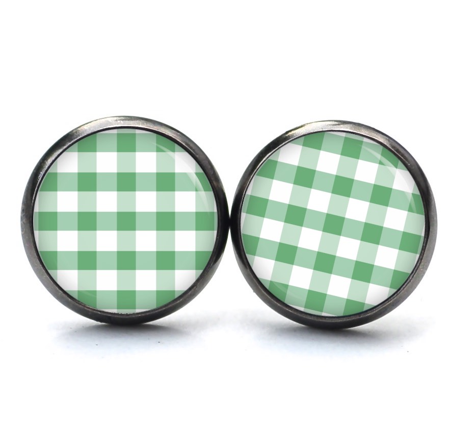 Ohrstecker, Ohrhänger, Clipse & Druckknopf – Motiv kariert grün weiß – Schmuck aus Edelstahl Ohrstecker, Ohrhänger, Clipse & Druckknopf – Motiv kariert grün weiß – Schmuck aus Edelstahl