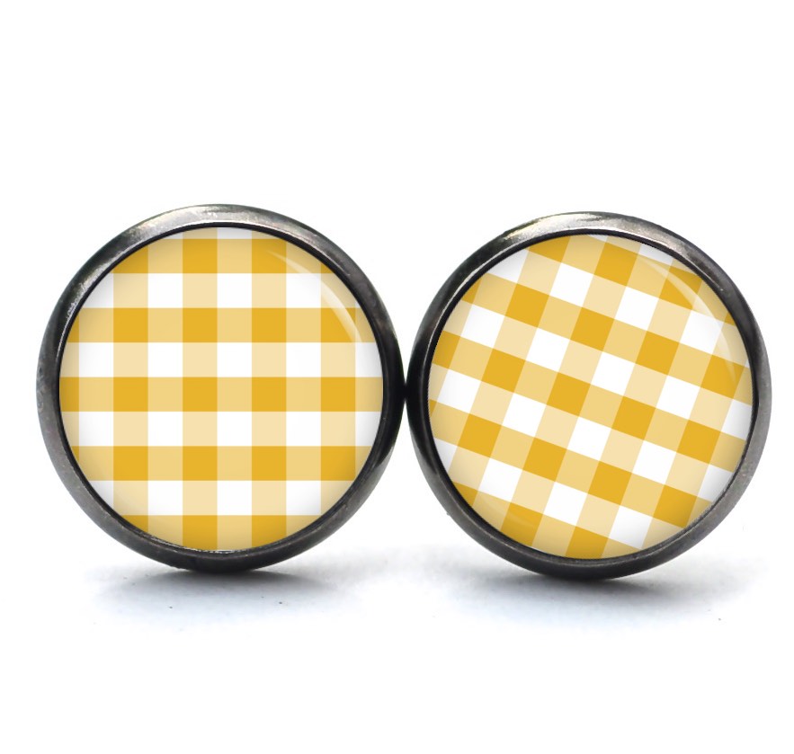 Ohrstecker, Ohrhänger, Clipse & Druckknopf – Motiv kariert gelb weiß – Schmuck aus Edelstahl Ohrstecker, Ohrhänger, Clipse & Druckknopf – Motiv kariert gelb weiß – Schmuck aus Edelstahl