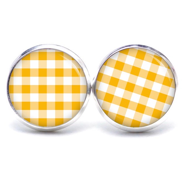Ohrstecker, Ohrhänger, Clipse & Druckknopf – Motiv kariert gelb weiß – Schmuck aus Edelstahl Ohrstecker, Ohrhänger, Clipse & Druckknopf – Motiv kariert gelb weiß – Schmuck aus Edelstahl