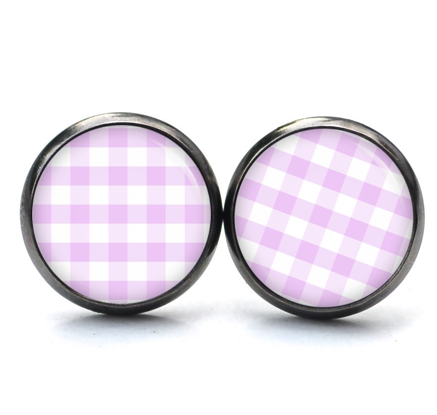 Ohrstecker, Ohrhänger, Clipse & Druckknopf – Motiv kariert rosa weiß – Schmuck aus Edelstahl Ohrstecker, Ohrhänger, Clipse & Druckknopf – Motiv kariert rosa weiß – Schmuck aus Edelstahl