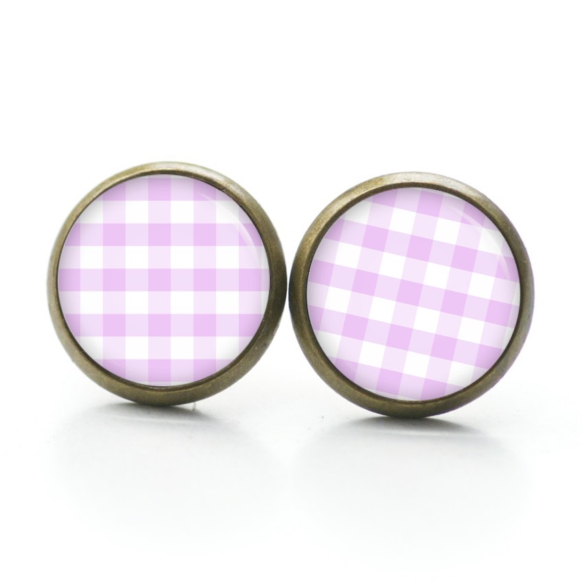 Ohrstecker, Ohrhänger, Clipse & Druckknopf – Motiv kariert rosa weiß – Schmuck aus Edelstahl Ohrstecker, Ohrhänger, Clipse & Druckknopf – Motiv kariert rosa weiß – Schmuck aus Edelstahl