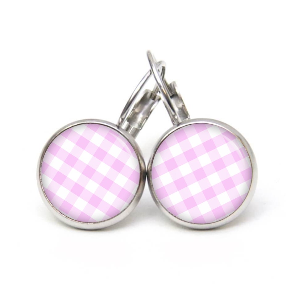 Ohrstecker, Ohrhänger, Clipse & Druckknopf – Motiv kariert rosa weiß – Schmuck aus Edelstahl Ohrstecker, Ohrhänger, Clipse & Druckknopf – Motiv kariert rosa weiß – Schmuck aus Edelstahl