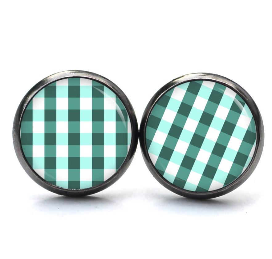 Ohrstecker, Ohrhänger, Clipse & Druckknopf – Motiv kariert smaragdgrün weiß – Schmuck aus Edelstahl Ohrstecker, Ohrhänger, Clipse & Druckknopf – Motiv kariert smaragdgrün weiß – Schmuck aus Edelstahl