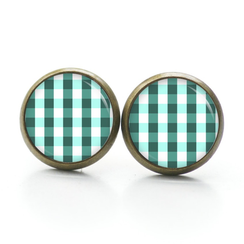 Ohrstecker, Ohrhänger, Clipse & Druckknopf – Motiv kariert smaragdgrün weiß – Schmuck aus Edelstahl Ohrstecker, Ohrhänger, Clipse & Druckknopf – Motiv kariert smaragdgrün weiß – Schmuck aus Edelstahl