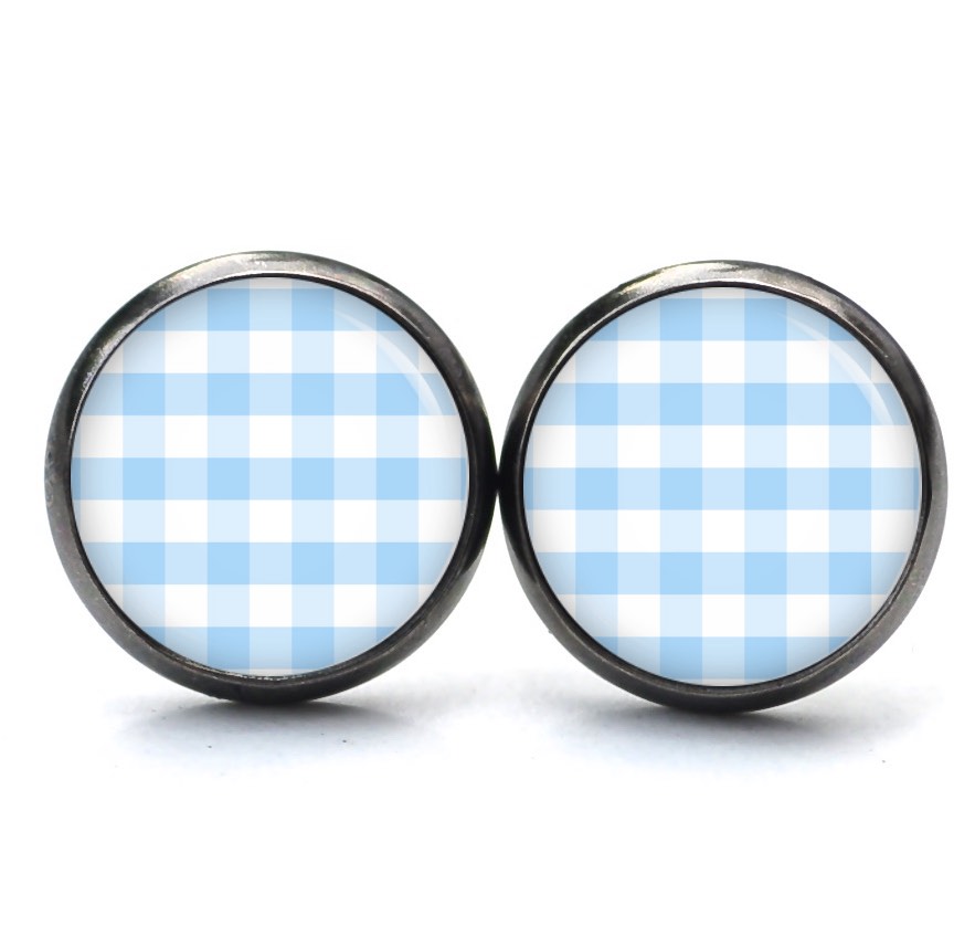 Ohrstecker, Ohrhänger, Clipse & Druckknopf – Motiv kariert hellblau weiß – Schmuck aus Edelstahl Ohrstecker, Ohrhänger, Clipse & Druckknopf – Motiv kariert hellblau weiß – Schmuck aus Edelstahl