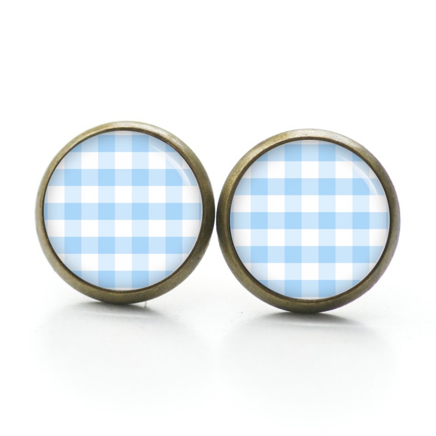 Ohrstecker, Ohrhänger, Clipse & Druckknopf – Motiv kariert hellblau weiß – Schmuck aus Edelstahl Ohrstecker, Ohrhänger, Clipse & Druckknopf – Motiv kariert hellblau weiß – Schmuck aus Edelstahl