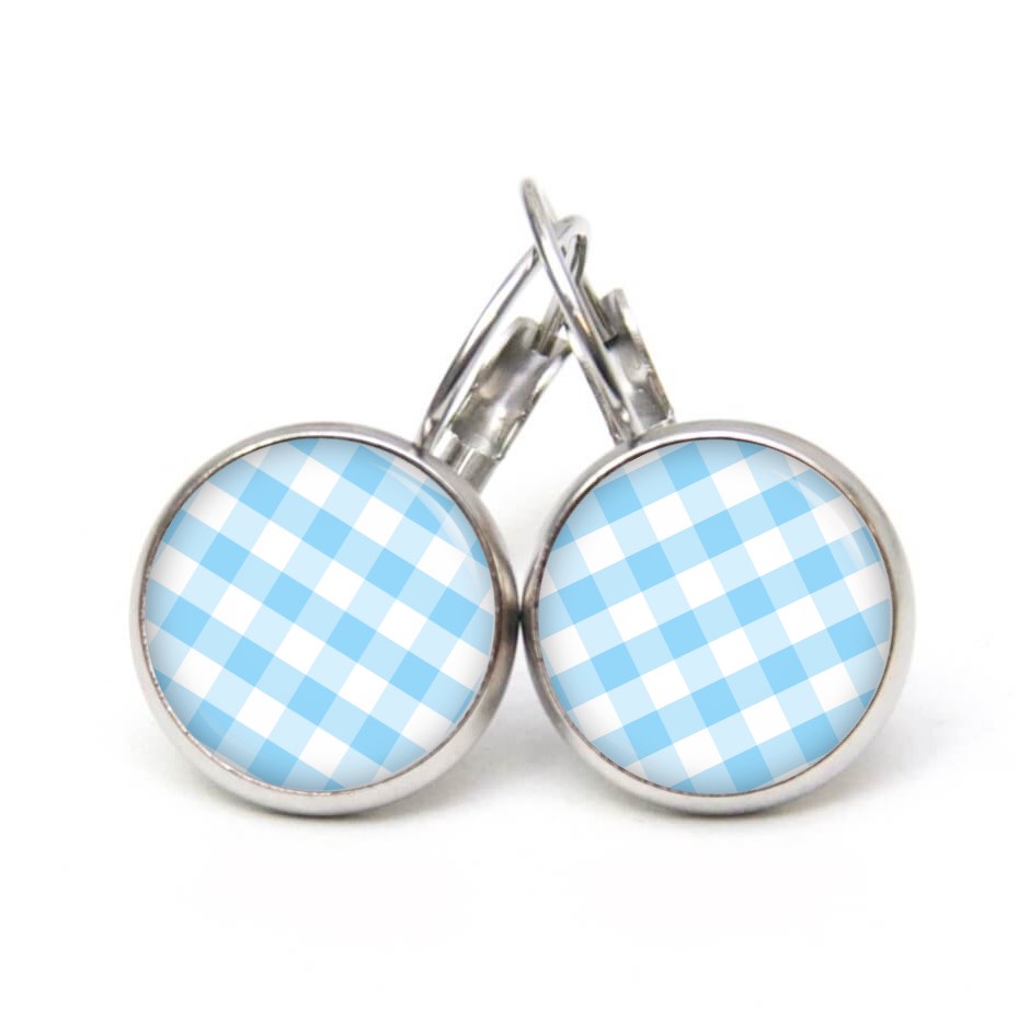 Ohrstecker, Ohrhänger, Clipse & Druckknopf – Motiv kariert hellblau weiß – Schmuck aus Edelstahl Ohrstecker, Ohrhänger, Clipse & Druckknopf – Motiv kariert hellblau weiß – Schmuck aus Edelstahl