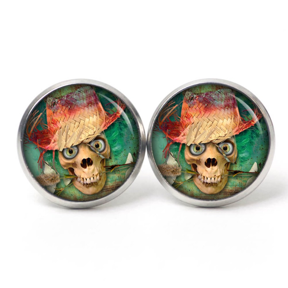 Ohrstecker, Ohrhänger, Clipse & Druckknopf – Motiv Totenkopf mit Strohhut – Schmuck aus Edelstahl Ohrstecker, Ohrhänger, Clipse & Druckknopf – Motiv Totenkopf mit Strohhut – Schmuck aus Edelstahl