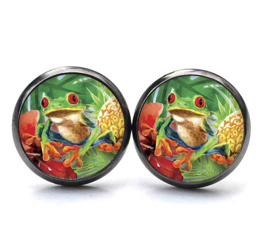 Ohrstecker, Ohrhänger, Clipse & Druckknopf – Motiv Frosch Froschkönig grün Tiere – Schmuck aus Edelstahl Ohrstecker, Ohrhänger, Clipse & Druckknopf – Motiv Frosch Froschkönig grün Tiere – Schmuck aus Edelstahl