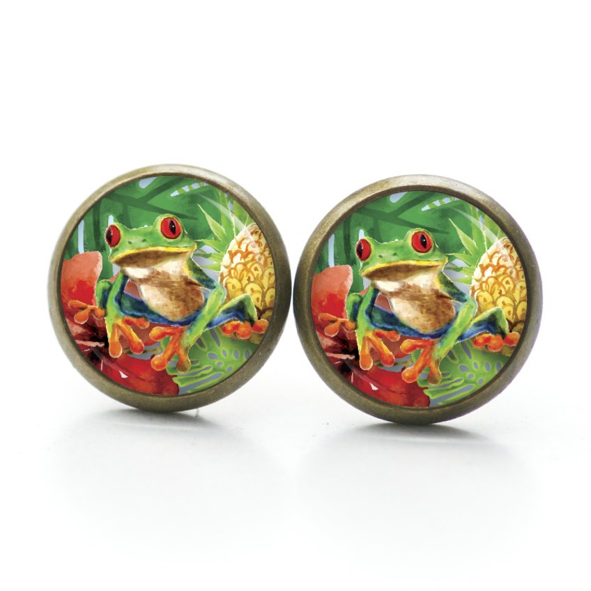 Ohrstecker, Ohrhänger, Clipse & Druckknopf – Motiv Frosch Froschkönig grün Tiere – Schmuck aus Edelstahl Ohrstecker, Ohrhänger, Clipse & Druckknopf – Motiv Frosch Froschkönig grün Tiere – Schmuck aus Edelstahl