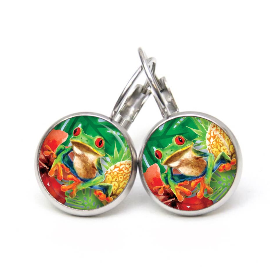 Ohrstecker, Ohrhänger, Clipse & Druckknopf – Motiv Frosch Froschkönig grün Tiere – Schmuck aus Edelstahl Ohrstecker, Ohrhänger, Clipse & Druckknopf – Motiv Frosch Froschkönig grün Tiere – Schmuck aus Edelstahl