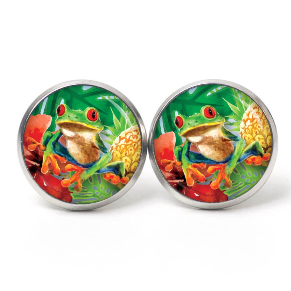 Ohrstecker, Ohrhänger, Clipse & Druckknopf – Motiv Frosch Froschkönig grün Tiere – Schmuck aus Edelstahl Ohrstecker, Ohrhänger, Clipse & Druckknopf – Motiv Frosch Froschkönig grün Tiere – Schmuck aus Edelstahl
