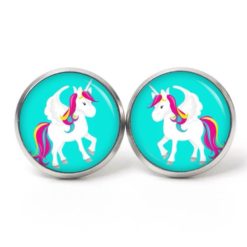 Ohrstecker, Ohrhänger, Clipse & Druckknopf – Motiv Einhorn Türkis Regenbogen – Schmuck aus Edelstahl