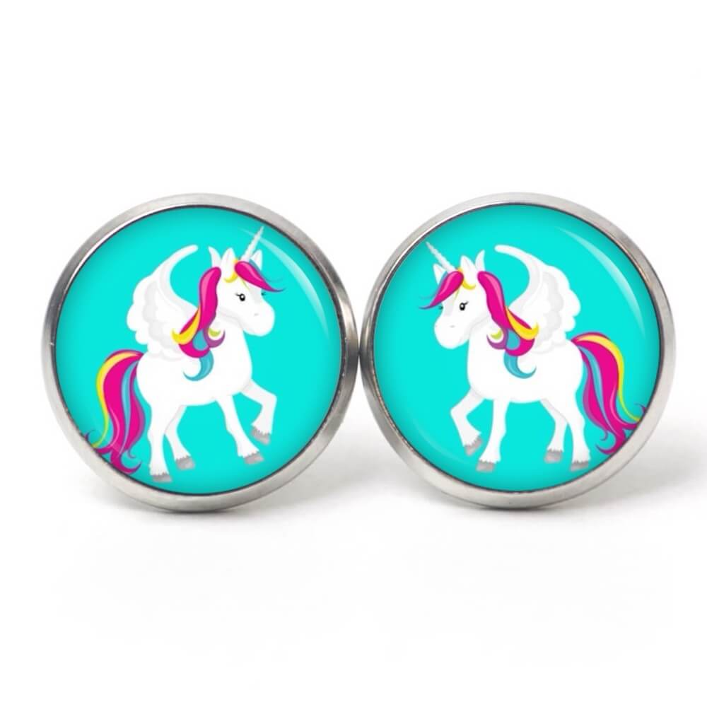 Ohrstecker, Ohrhänger, Clipse & Druckknopf – Motiv Einhorn Türkis Regenbogen – Schmuck aus Edelstahl Ohrstecker, Ohrhänger, Clipse & Druckknopf – Motiv Einhorn Türkis Regenbogen – Schmuck aus Edelstahl