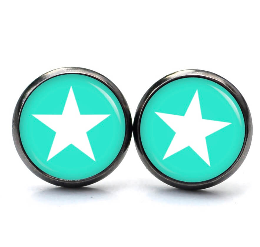 Ohrstecker, Ohrhänger, Clipse & Druckknopf – Motiv mintgrün weißer Stern – Schmuck aus Edelstahl Ohrstecker, Ohrhänger, Clipse & Druckknopf – Motiv mintgrün weißer Stern – Schmuck aus Edelstahl