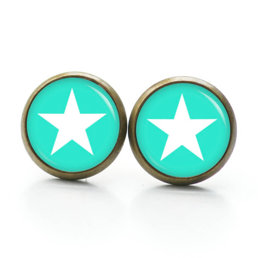 Ohrstecker, Ohrhänger, Clipse & Druckknopf – Motiv mintgrün weißer Stern – Schmuck aus Edelstahl Ohrstecker, Ohrhänger, Clipse & Druckknopf – Motiv mintgrün weißer Stern – Schmuck aus Edelstahl