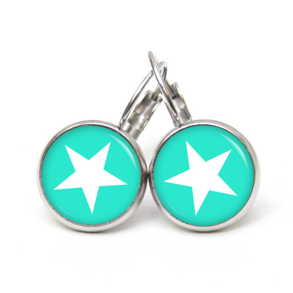 Ohrstecker, Ohrhänger, Clipse & Druckknopf – Motiv mintgrün weißer Stern – Schmuck aus Edelstahl Ohrstecker, Ohrhänger, Clipse & Druckknopf – Motiv mintgrün weißer Stern – Schmuck aus Edelstahl
