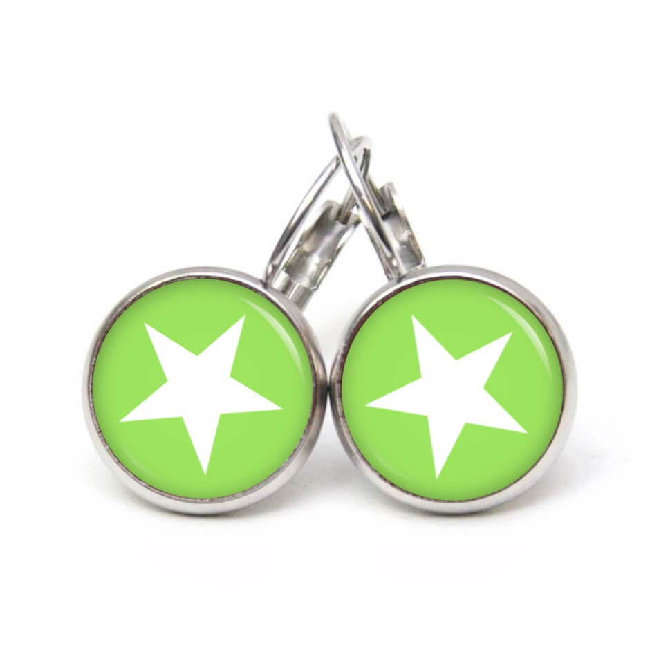 Ohrstecker, Ohrhänger, Clipse & Druckknopf – Motiv lindgrün weißer Stern – Schmuck aus Edelstahl Ohrstecker, Ohrhänger, Clipse & Druckknopf – Motiv lindgrün weißer Stern – Schmuck aus Edelstahl