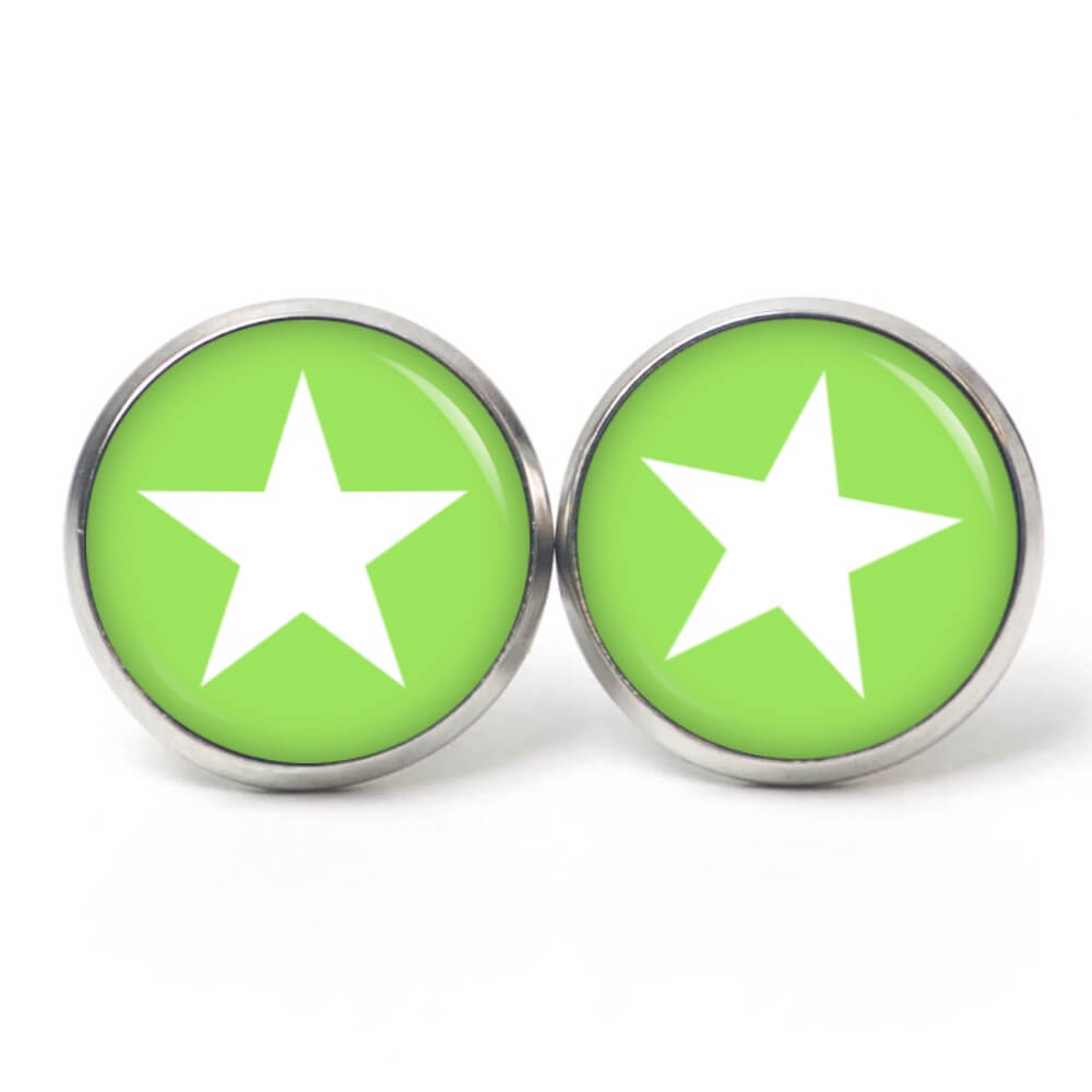 Ohrstecker, Ohrhänger, Clipse & Druckknopf – Motiv lindgrün weißer Stern – Schmuck aus Edelstahl Ohrstecker, Ohrhänger, Clipse & Druckknopf – Motiv lindgrün weißer Stern – Schmuck aus Edelstahl