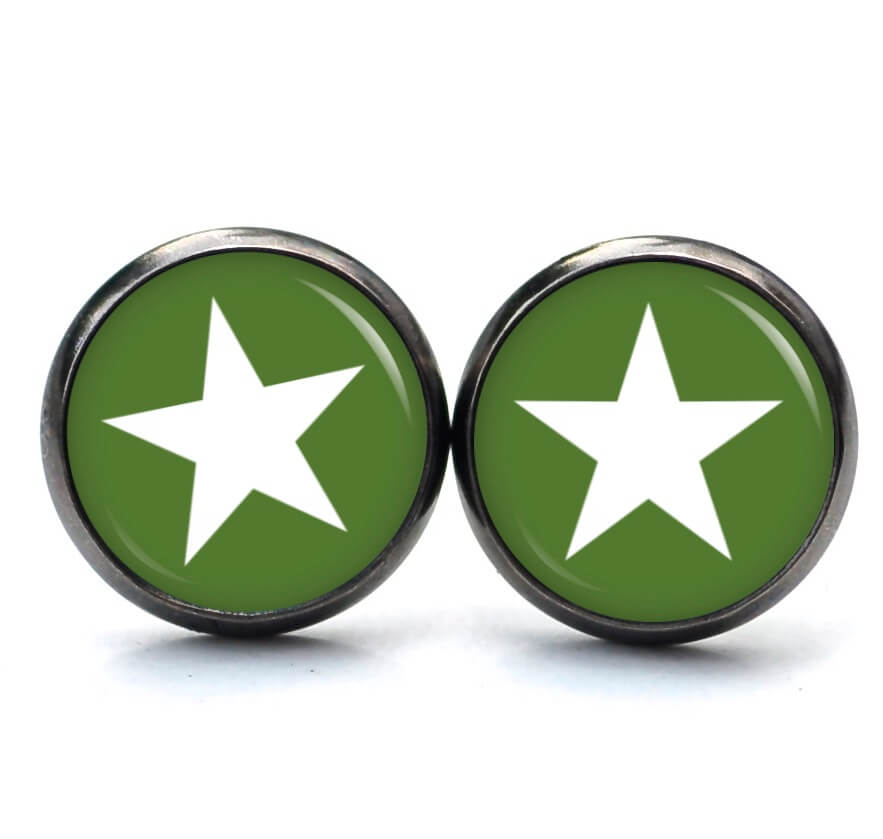 Ohrstecker, Ohrhänger, Clipse & Druckknopf – Motiv moosgrün weißer Stern – Schmuck aus Edelstahl Ohrstecker, Ohrhänger, Clipse & Druckknopf – Motiv moosgrün weißer Stern – Schmuck aus Edelstahl