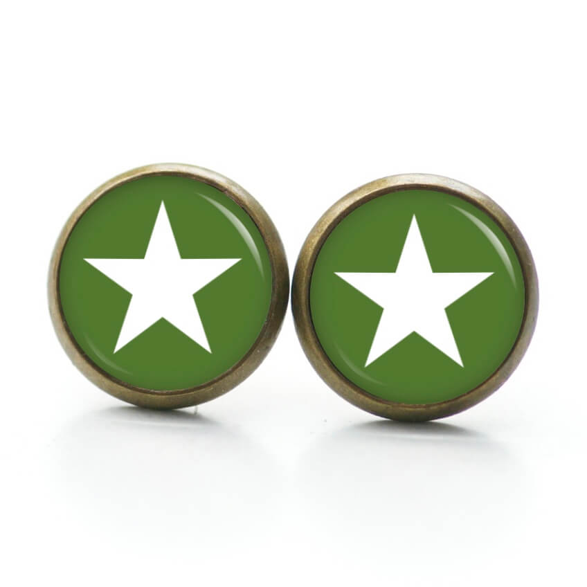 Ohrstecker, Ohrhänger, Clipse & Druckknopf – Motiv moosgrün weißer Stern – Schmuck aus Edelstahl Ohrstecker, Ohrhänger, Clipse & Druckknopf – Motiv moosgrün weißer Stern – Schmuck aus Edelstahl