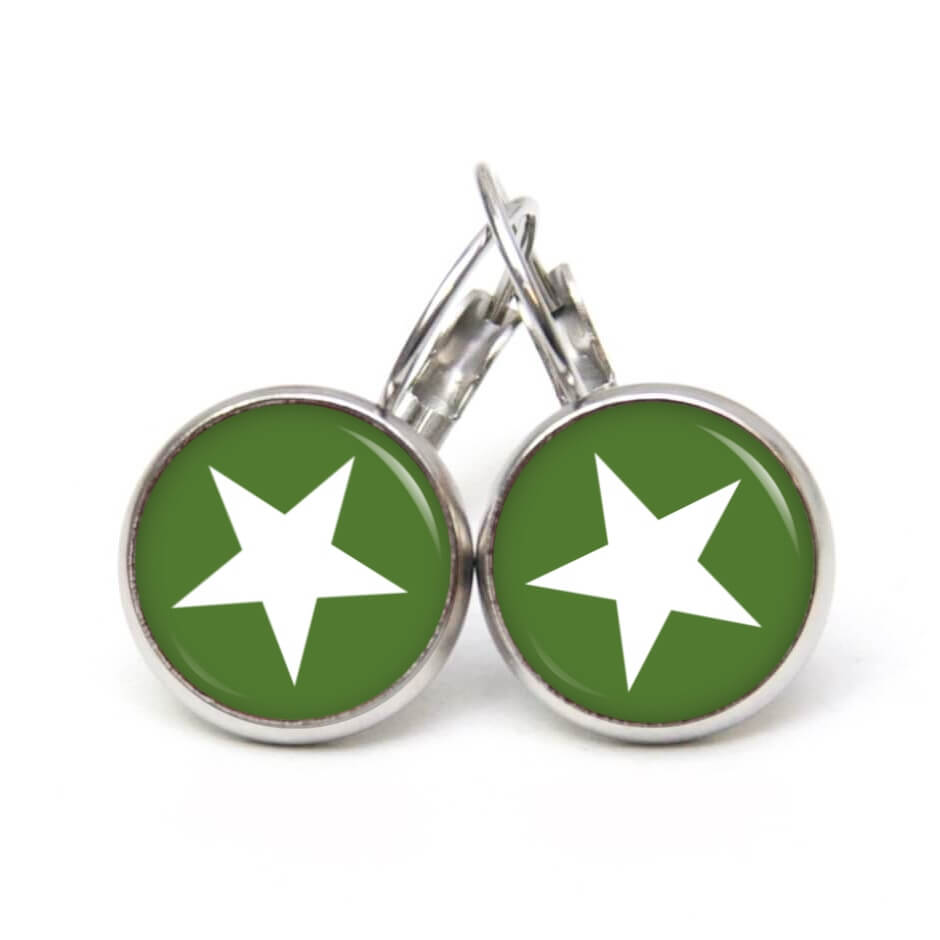 Ohrstecker, Ohrhänger, Clipse & Druckknopf – Motiv moosgrün weißer Stern – Schmuck aus Edelstahl Ohrstecker, Ohrhänger, Clipse & Druckknopf – Motiv moosgrün weißer Stern – Schmuck aus Edelstahl