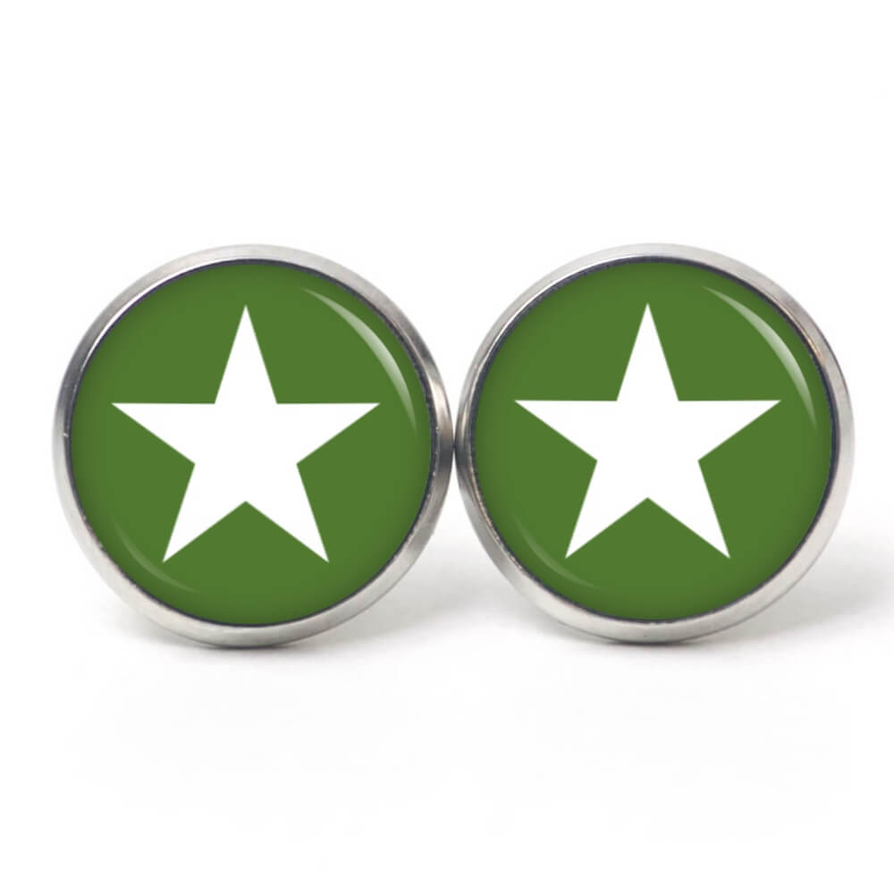 Ohrstecker, Ohrhänger, Clipse & Druckknopf – Motiv moosgrün weißer Stern – Schmuck aus Edelstahl Ohrstecker, Ohrhänger, Clipse & Druckknopf – Motiv moosgrün weißer Stern – Schmuck aus Edelstahl