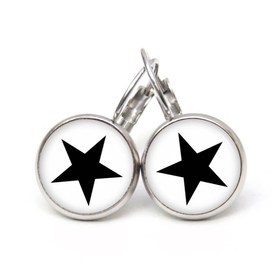 Ohrstecker, Ohrhänger, Clipse & Druckknopf – Motiv weiß schwarzer Stern – Schmuck aus Edelstahl Ohrstecker, Ohrhänger, Clipse & Druckknopf – Motiv weiß schwarzer Stern – Schmuck aus Edelstahl