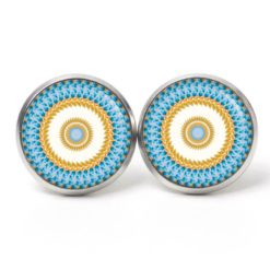 Ohrstecker, Ohrhänger, Clipse & Druckknopf – Motiv Mandala Mosaik blau gelb – Schmuck aus Edelstahl