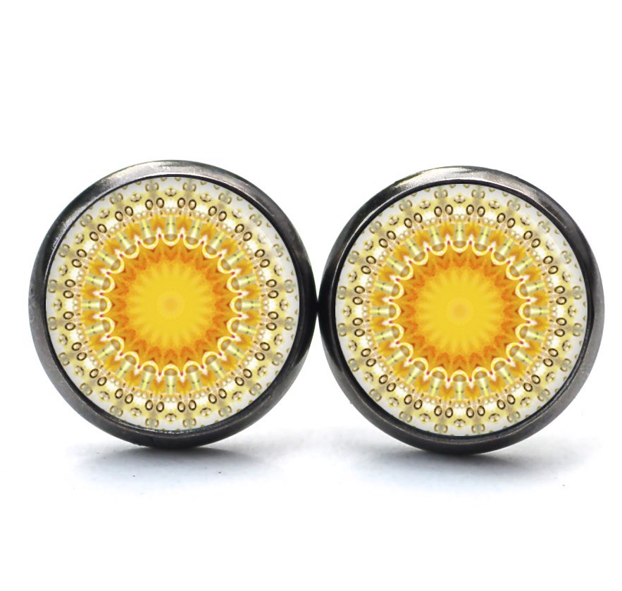 Ohrstecker, Ohrhänger, Clipse & Druckknopf – Motiv Mandala Mosaik gelb orange – Schmuck aus Edelstahl Ohrstecker, Ohrhänger, Clipse & Druckknopf – Motiv Mandala Mosaik gelb orange – Schmuck aus Edelstahl