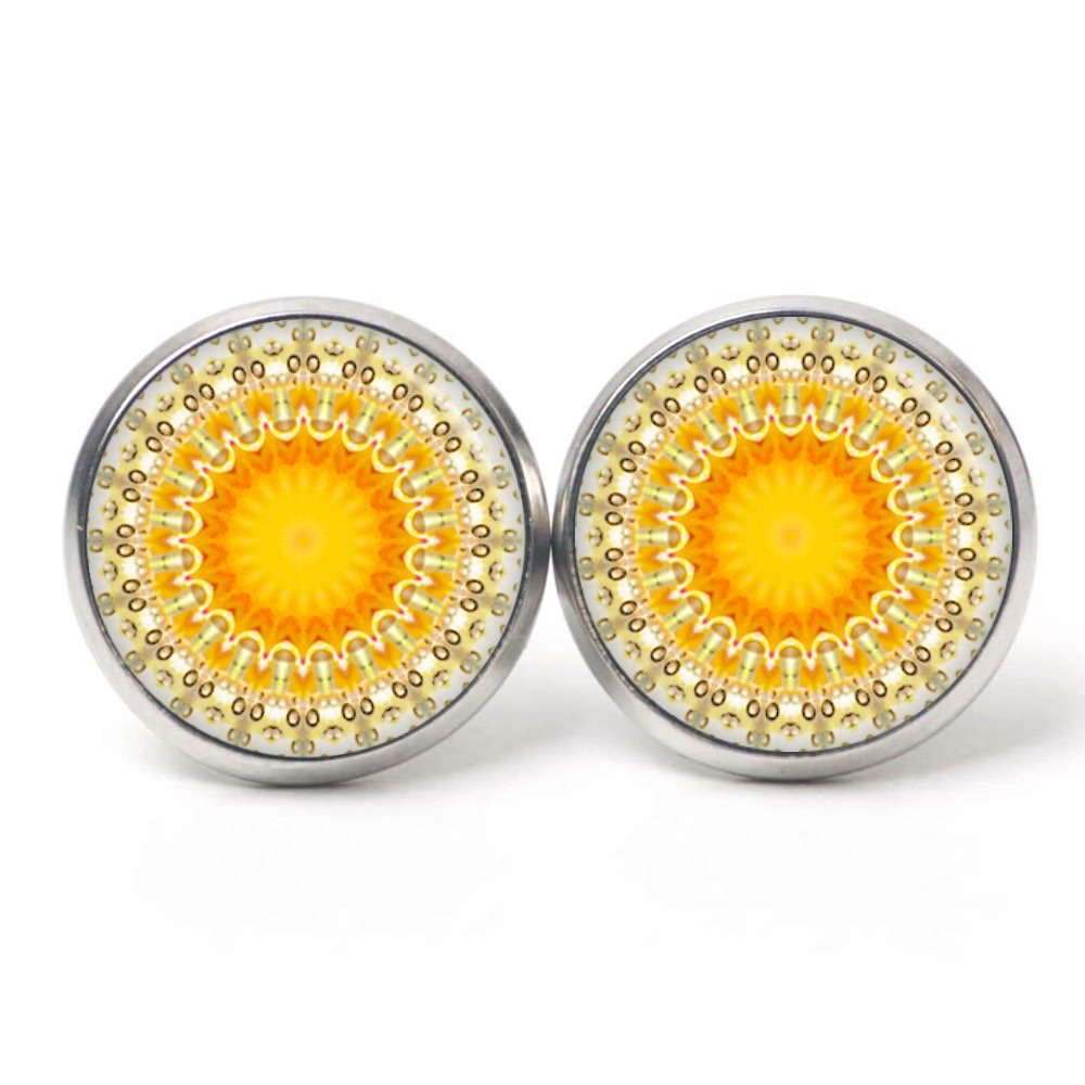 Ohrstecker, Ohrhänger, Clipse & Druckknopf – Motiv Mandala Mosaik gelb orange – Schmuck aus Edelstahl Ohrstecker, Ohrhänger, Clipse & Druckknopf – Motiv Mandala Mosaik gelb orange – Schmuck aus Edelstahl
