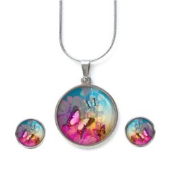 Schmetterling Schmuckset - Kette & Ohrringe mit buntem Butterfly Motiv - Edelstahl Halskette und Ohrstecker - Geschenk für Frauen