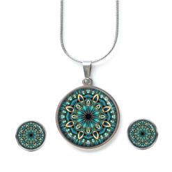 Mandala Schmuckset Türkis - Kette & Ohrringe mit Mandala Motiv - Edelstahl Halskette und Ohrstecker - Boho Schmuck Geschenk