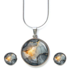Grau Gold Schmuck Set im Marmor Look - Kette mit Ohrsteckern - Edler Motiv Schmuck modern & zeitlos - Geschenk für Frauen