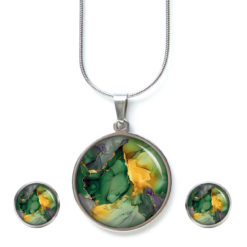 Grün Gold Marmor Schmuck Set - Kette mit Ohrsteckern - Edler Motiv Schmuck modern & zeitlos - Geschenk für Frauen