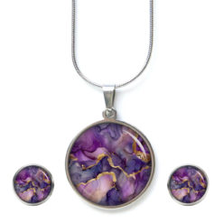 Lila Violett Gold Marmor Schmuck Set - Kette mit Ohrsteckern - Edler Motiv Schmuck modern & zeitlos - Geschenk für Frauen