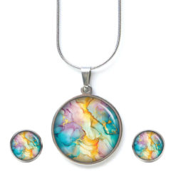 Marmor Schmuck Set Türkis Rosa Gold - Kette mit Ohrsteckern - Edler Aquarell Optik Schmuck modern & zeitlos - Geschenk für Frauen