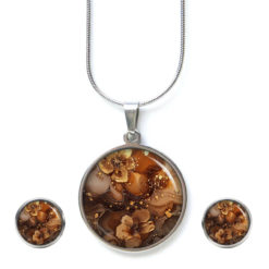 Dunkelbrauner Blumen Marmor Schmuck Set - Kette mit Ohrsteckern - Edler Motiv Schmuck modern & zeitlos - Geschenk für Frauen