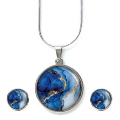 Dunkelblau Gold Marmor Schmuck Set - Kette mit Ohrsteckern - Edler Motiv Schmuck modern & zeitlos - Geschenk für Frauen