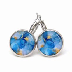 Handgemachtes Ohrringe aus Edelstahl mit blau-goldenem Marmormuster als Kette und Ohrringe von Just Trisha