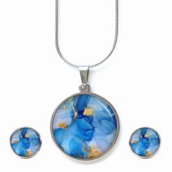 Schmuckset Blau Gold - Kette & Ohrringe - Marmor Optik -  Abstract Boho Geschenk für Frauen