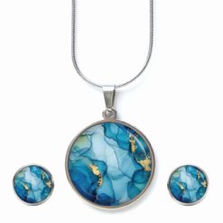 Schmuckset Blau Gold - Kette & Ohrringe - Marmor Optik - Boho Stil Geschenk für Frauen