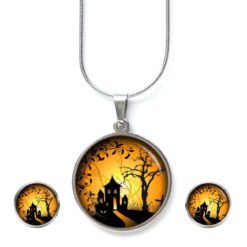 Schmuckset Halloween Katze mit Kürbissen – Kette & Ohrringe aus Edelstahl