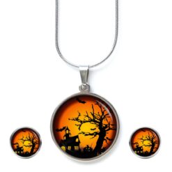 Schmuckset Halloween Katze mit Kürbissen – Kette & Ohrringe aus Edelstahl
