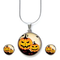Schmuckset Halloween Katze mit Kürbissen – Kette & Ohrringe aus Edelstahl